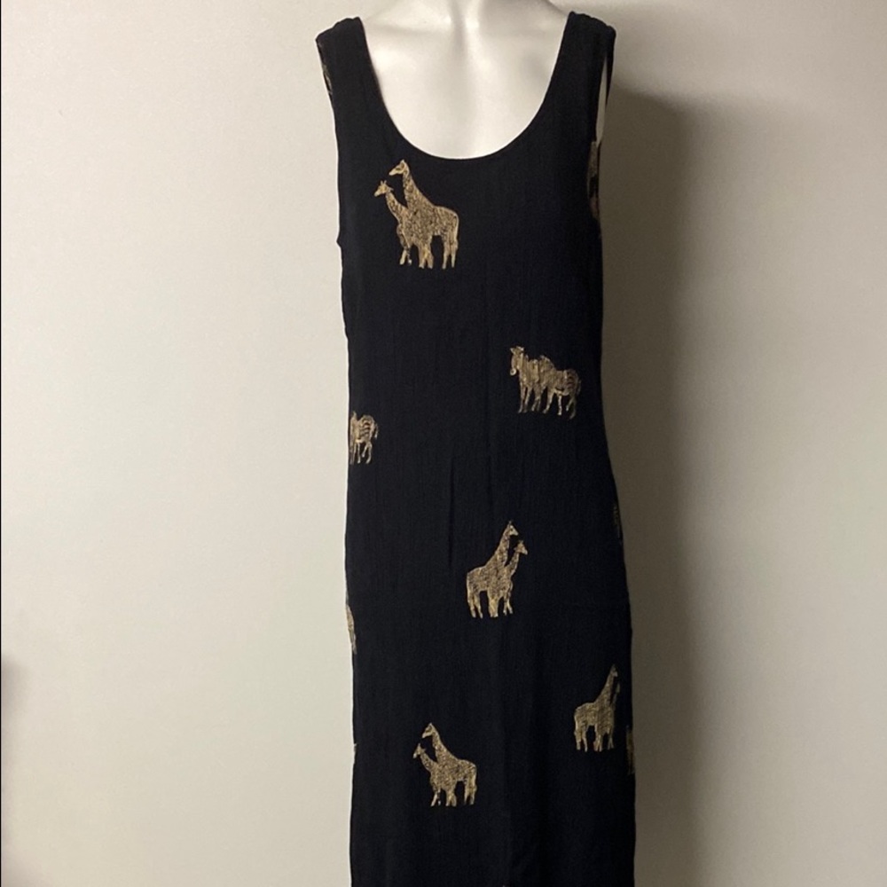 DJI Vintage Black Crepe maxi dress with Gold Animal Print